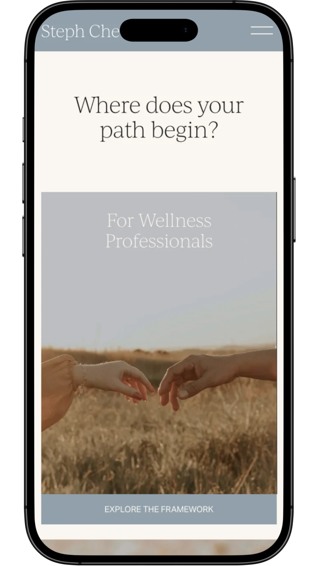 Mobile phone screen displaying a wellness app with the question 'Where does your path begin?' and an image of two hands reaching towards each other in a field at sunset.