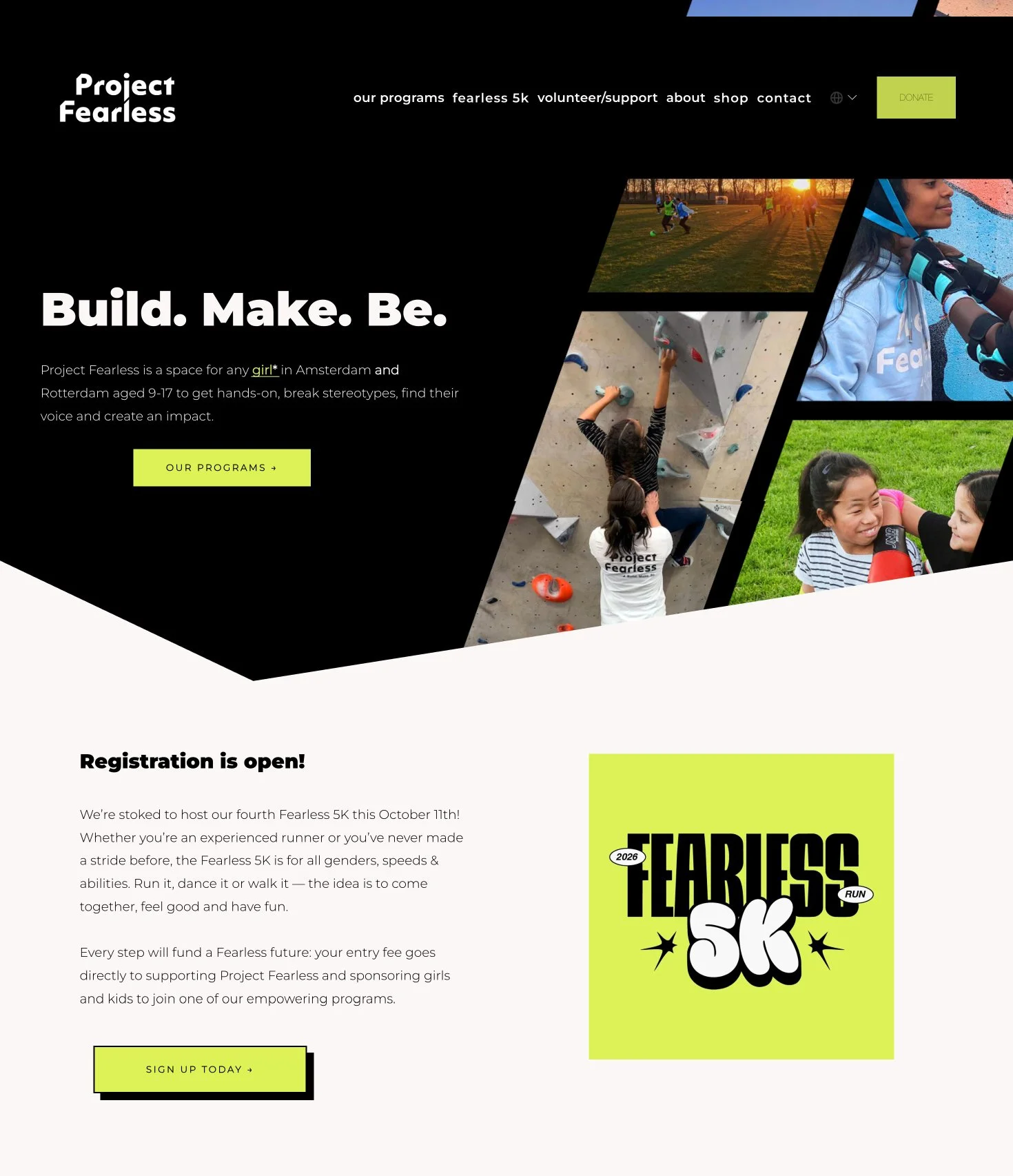 A webpage for Project Fearless promoting a girls' empowerment program in Amsterdam and Rotterdam, featuring images of children playing soccer, rock climbing, and engaging in outdoor activities, with sections about registration and program details.