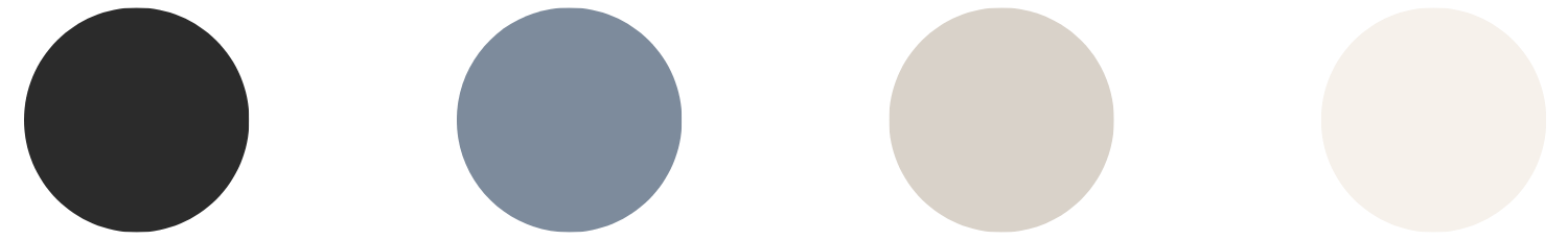 Four color circles arranged in a row from left to right: dark gray, blue-gray, light beige, off-white.