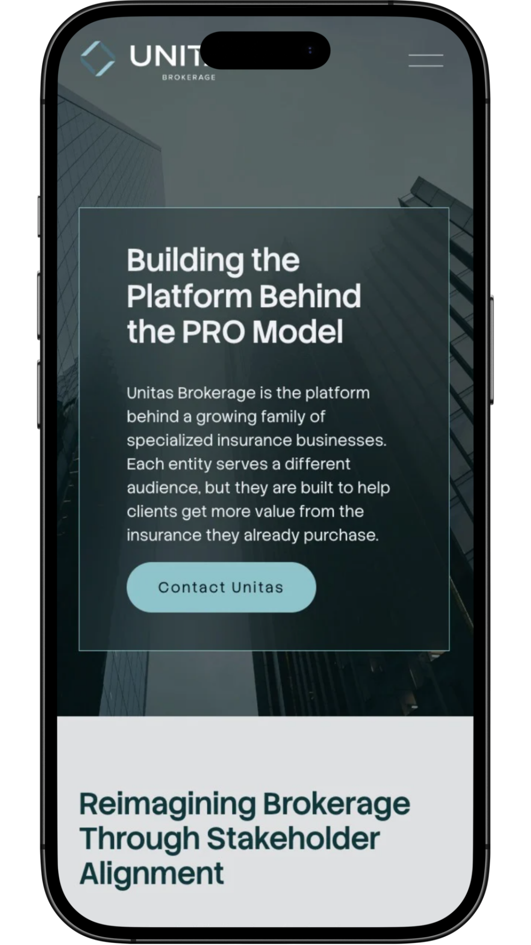 Mobile phone screen displaying a website with the title 'Building the Platform Behind the PRO Model' and a paragraph explaining Unitas Brokerage, with a 'Contact Unitas' button, set against a background of tall modern buildings.