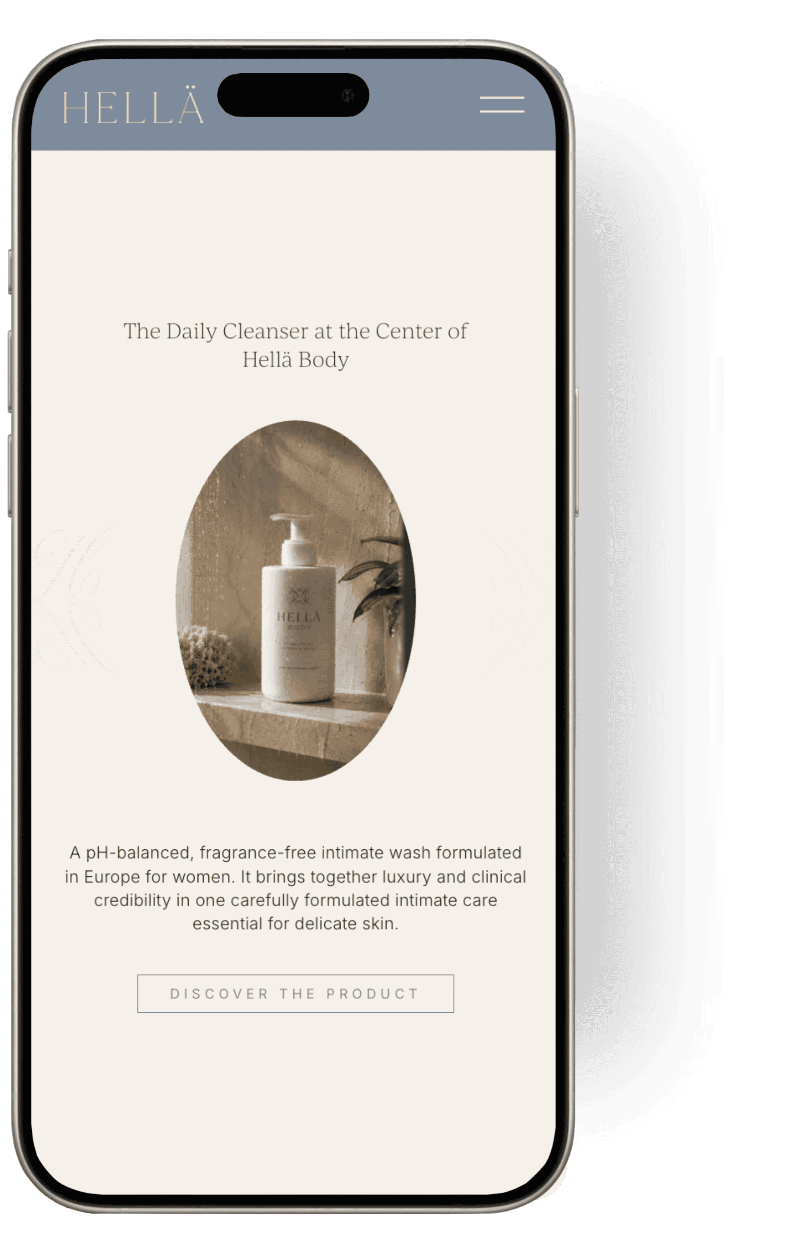 Mobile screen displaying a product page for a fragrance-free intimate wash called Hella. The page features an image of a white pump bottle with a plant next to it and a description of the product.