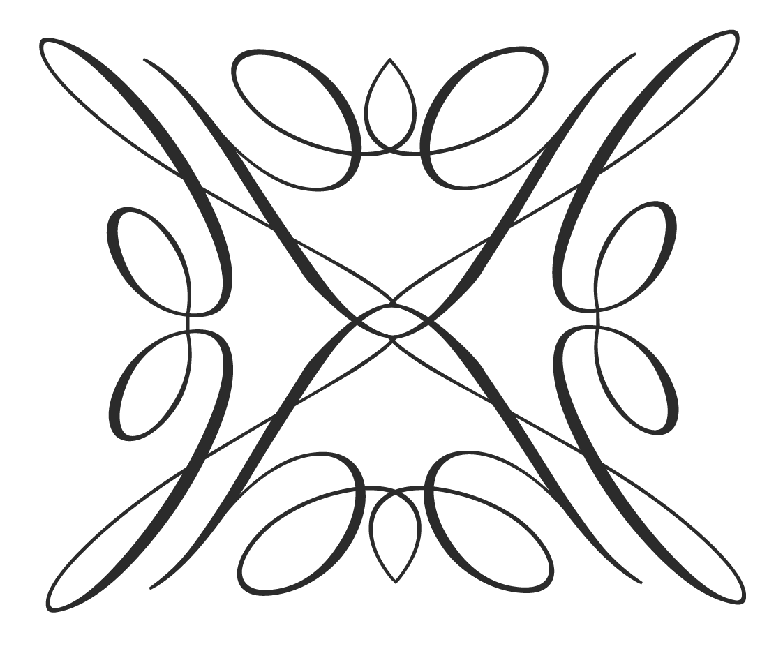 Black background with an elegant symmetrical gray line design resembling stylized floral or ornamental patterns.