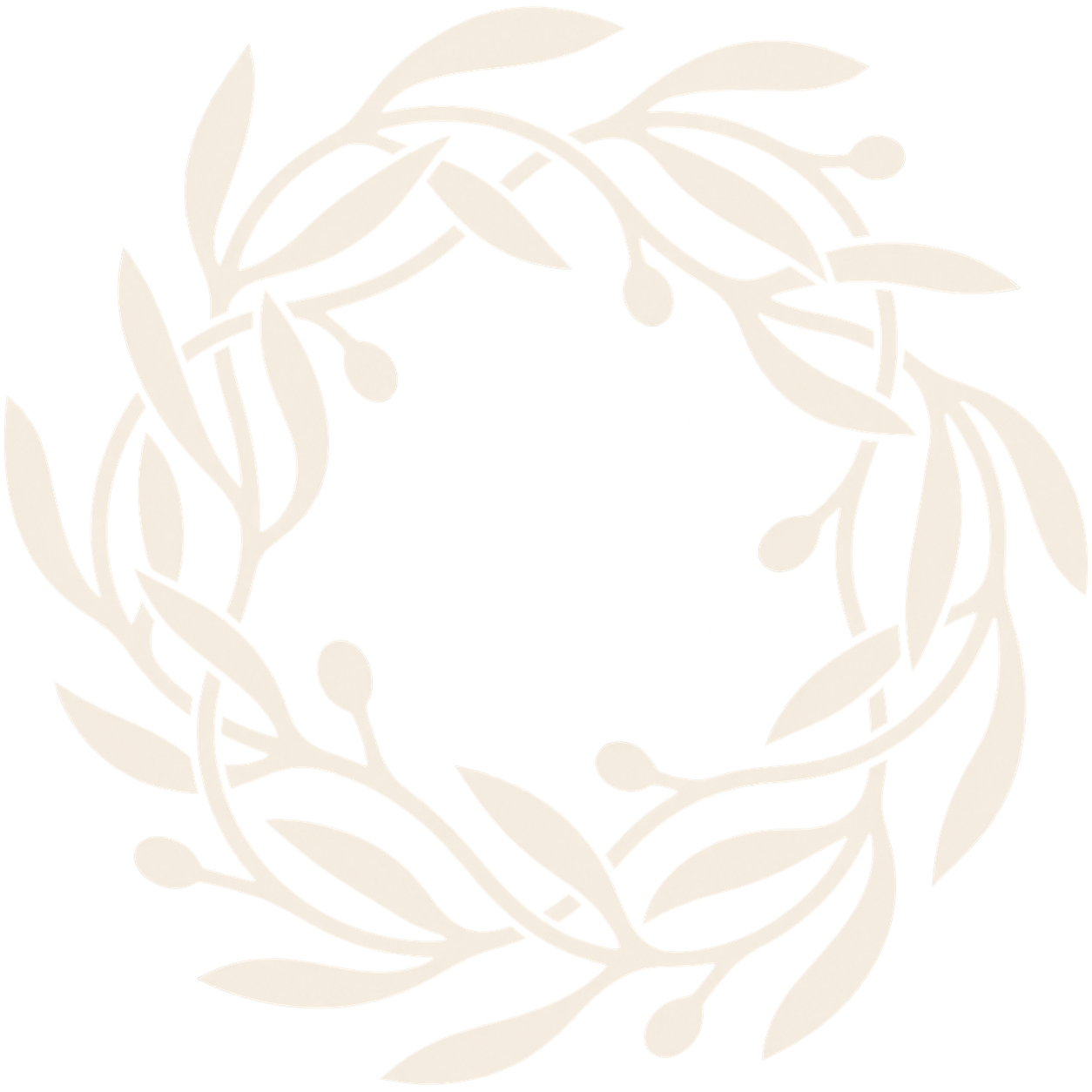 A decorative wreath made of beige leaves and small round fruits or buds, arranged in a circular pattern on a black background.