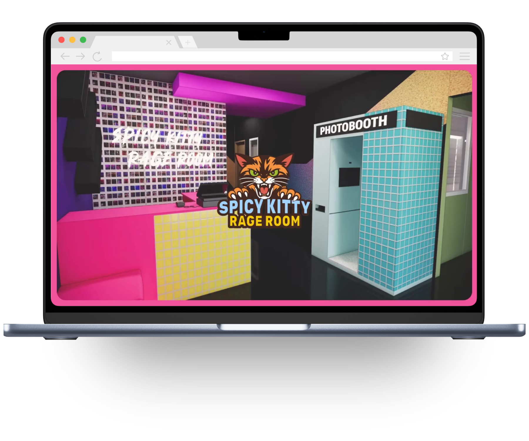 Colorful indoor setting with pink, yellow, cyan, black, gray, and green décor. Features a photo booth, a sign that says 'PLAY KITTY RAGE ROOM,' and other vibrant elements.