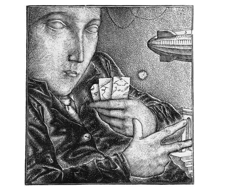A stylized, black-and-white drawing of a person in a leather jacket holding a small cat, with a space-themed background including a spaceship and planets.