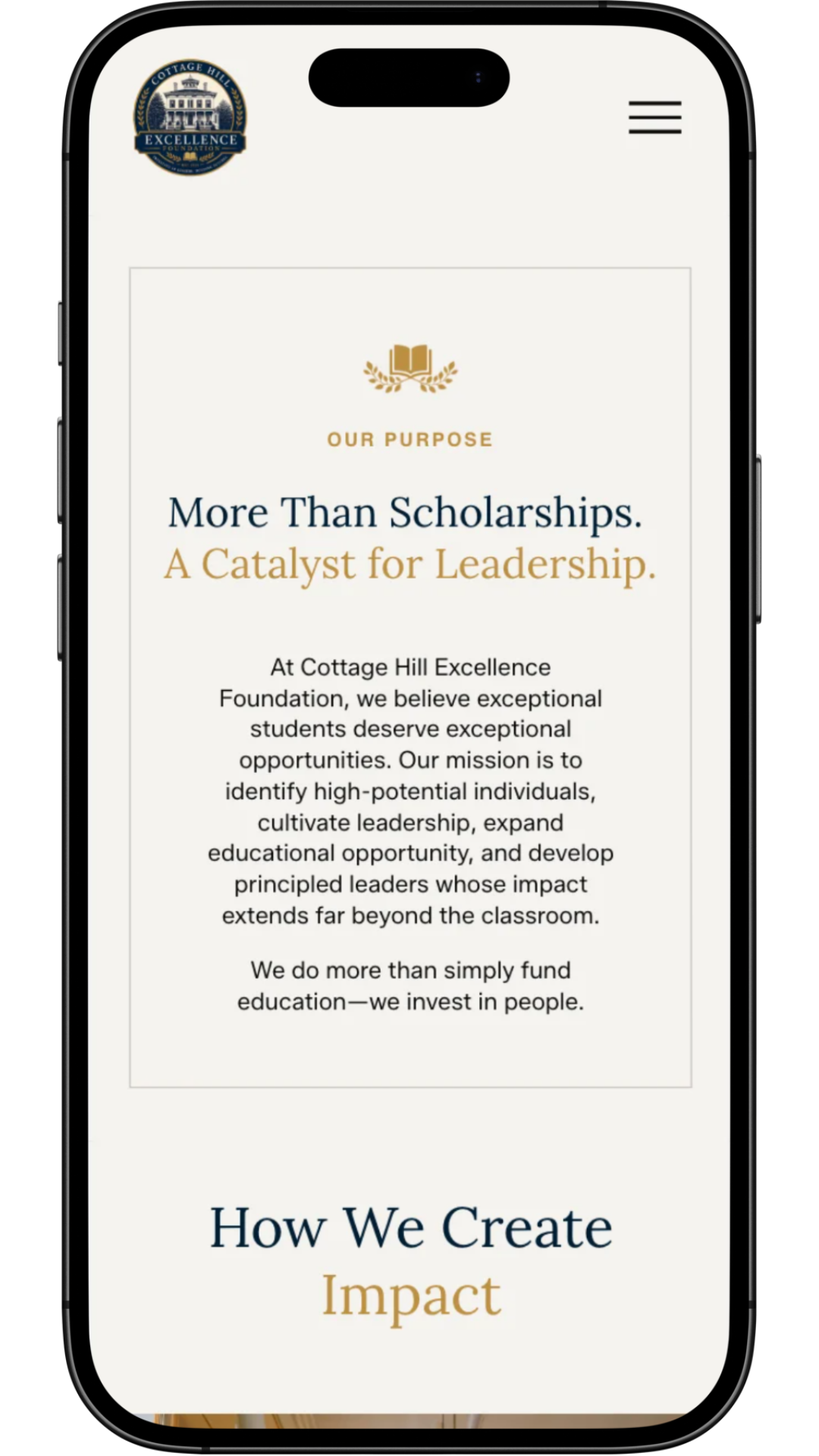 A smartphone screen displaying a webpage for Cottage Hill Excellence Foundation with a logo, heading, and mission statement about supporting students and leadership development.