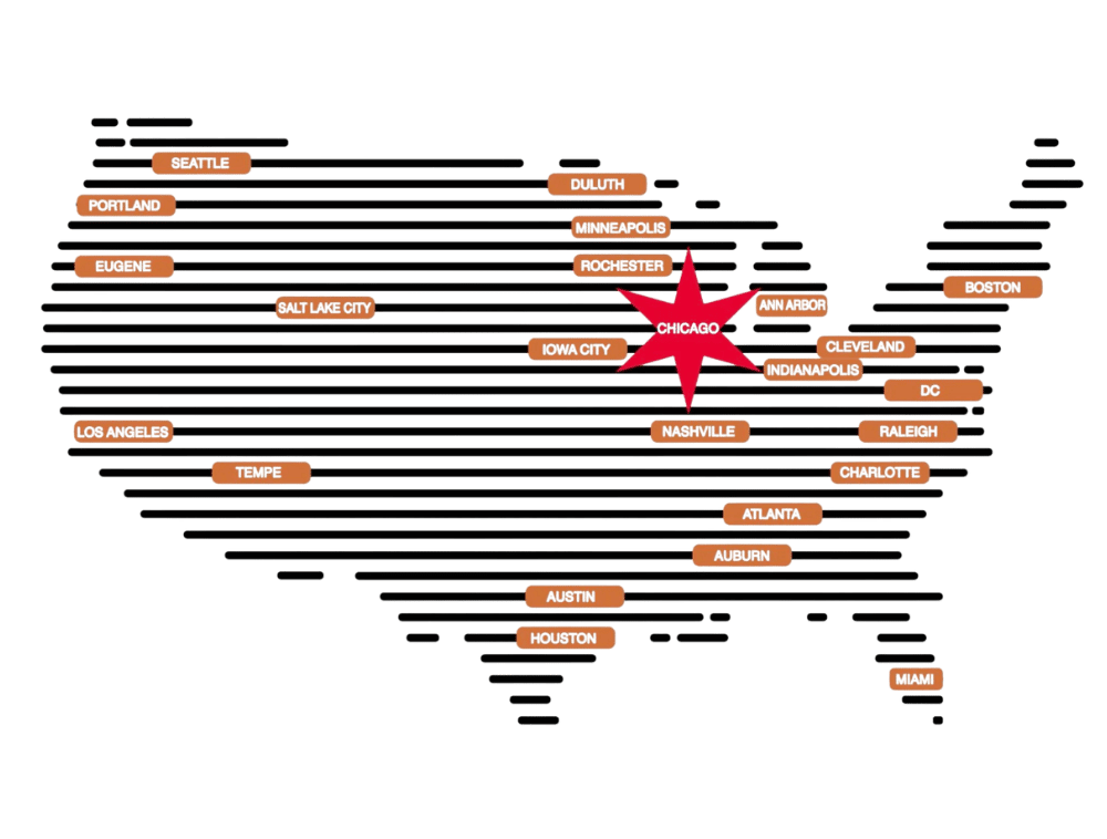 Map of the United States with city names marked, centered on Chicago with a large red star, displaying various cities across the country in orange labels.
