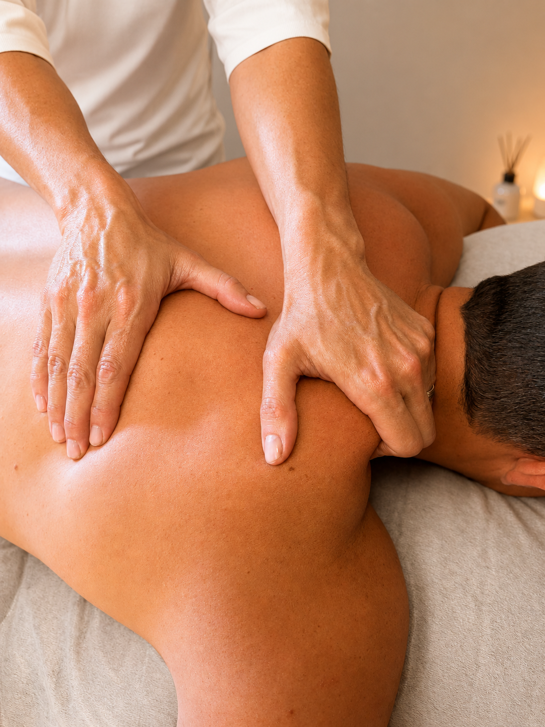 A person receiving a massage from a massage therapist in a spa or clinic setting.