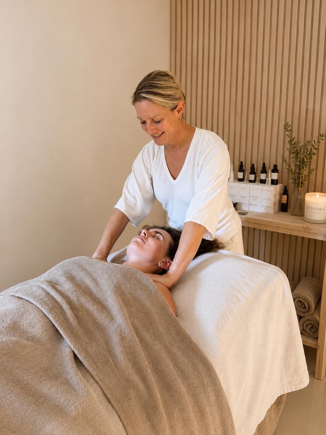 A woman receives a massage from a therapist in a spa treatment room with a relaxing ambiance.