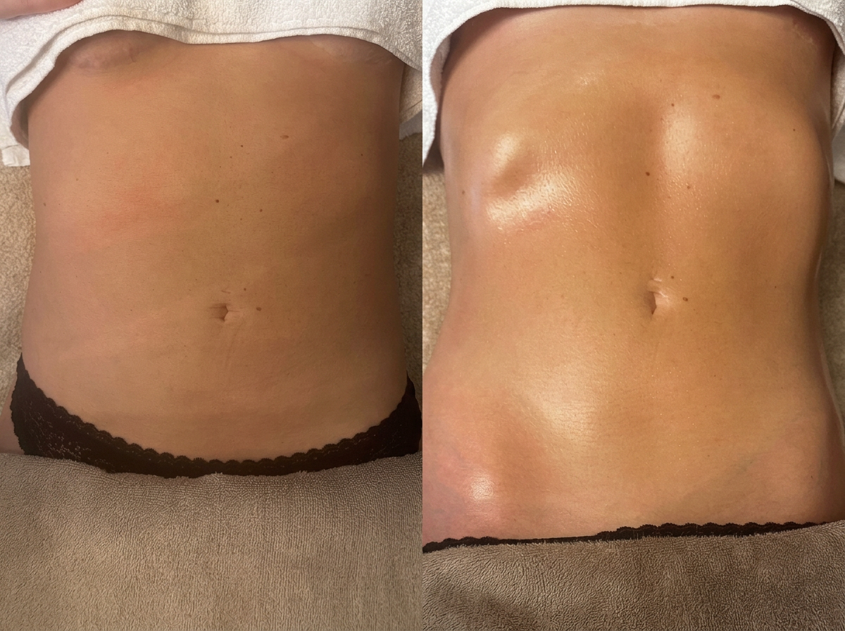 Comparison of a person's abdominal area before and after a treatment, showing smoother, shinier skin in the after image.