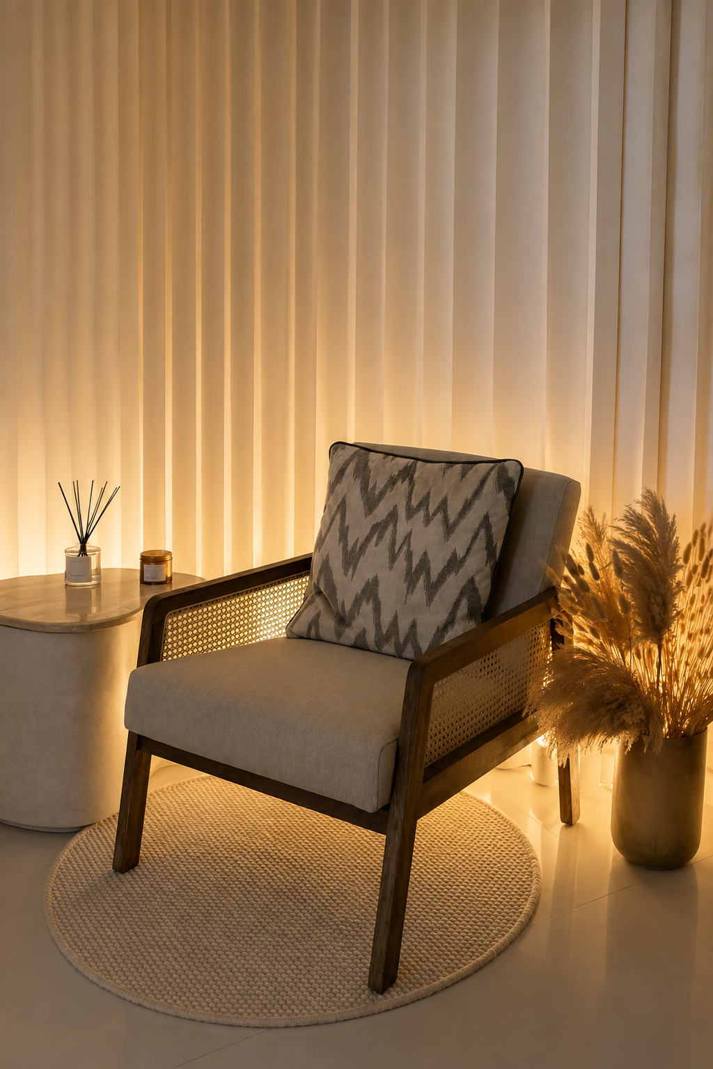 A cozy sitting area featuring a beige armchair with a wood frame and black piping, a printed pillow, a round side table with a glass jar and candle, a potted plant with dried pampas grass, all illuminated by warm ambient lighting behind beige curtains.