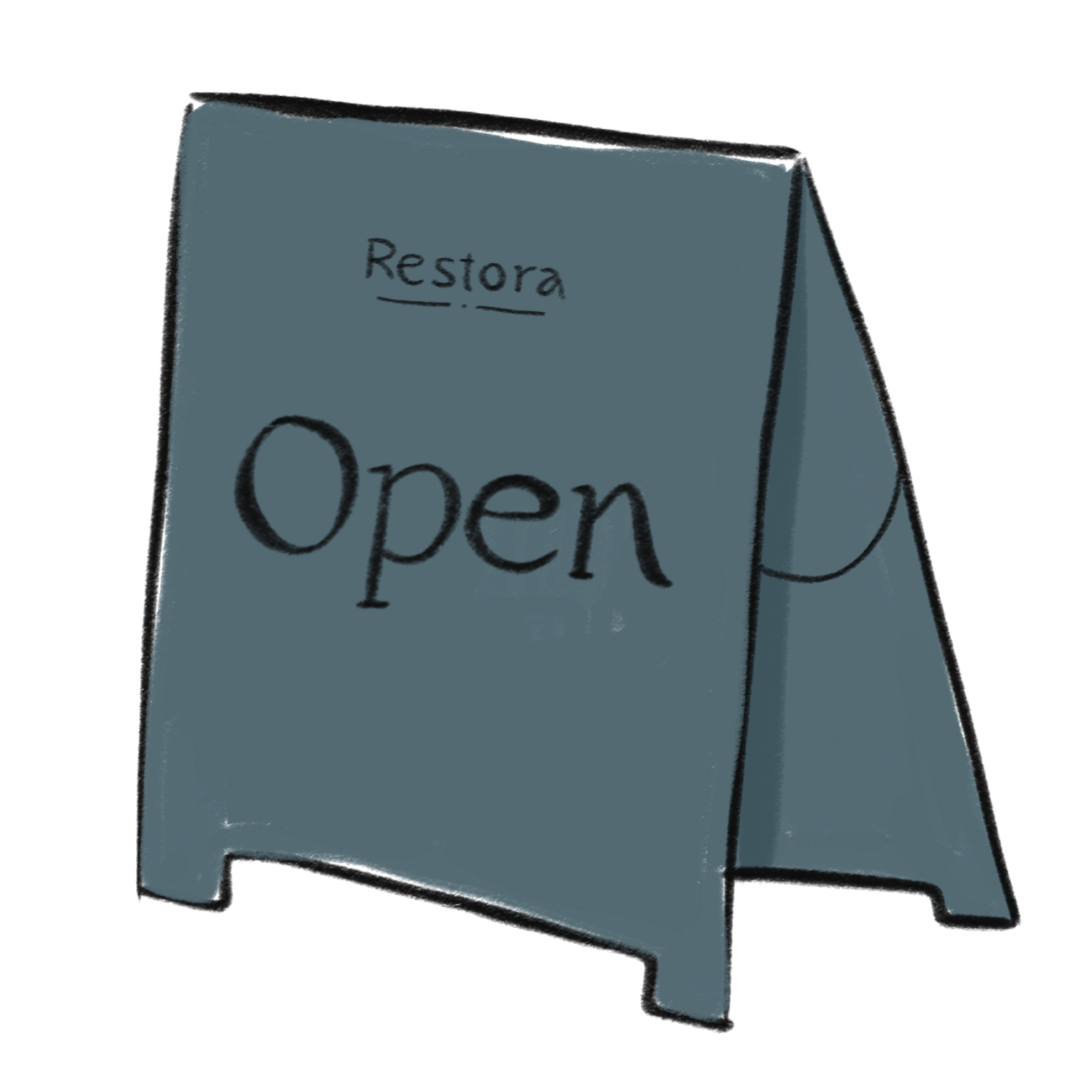 A blue triangular sign with the words "Restora Open" handwritten on it