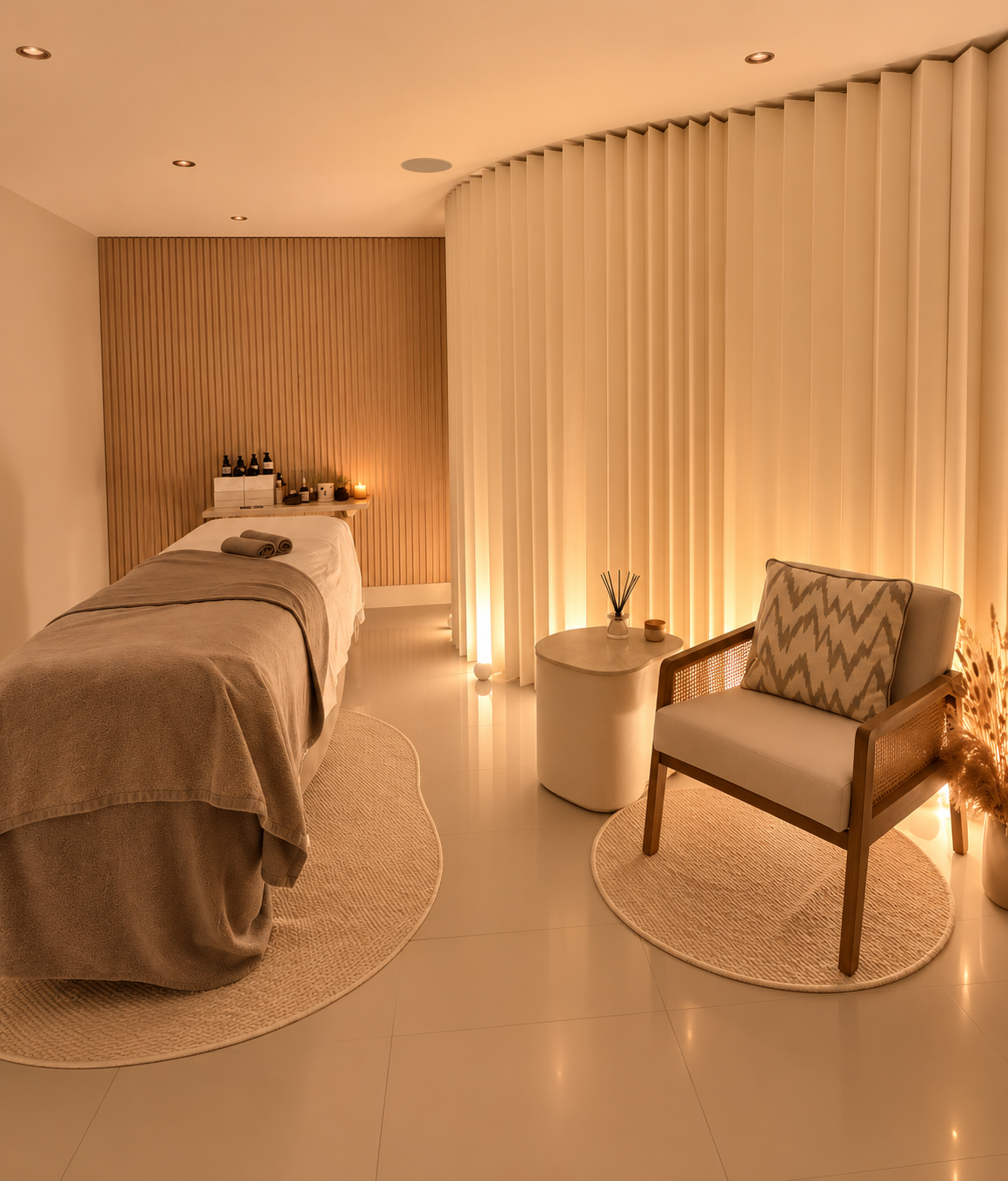 A spa room with a massage bed covered in beige sheets and towels, a side table with skincare products, and a cozy seating area with a chair, small table, and decorative items. Soft warm lighting creates a relaxing atmosphere.