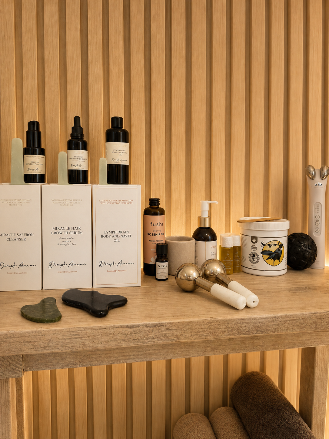 Assorted skincare products, massage tools, and wellness items on a wooden shelf with a wooden-paneled wall background.