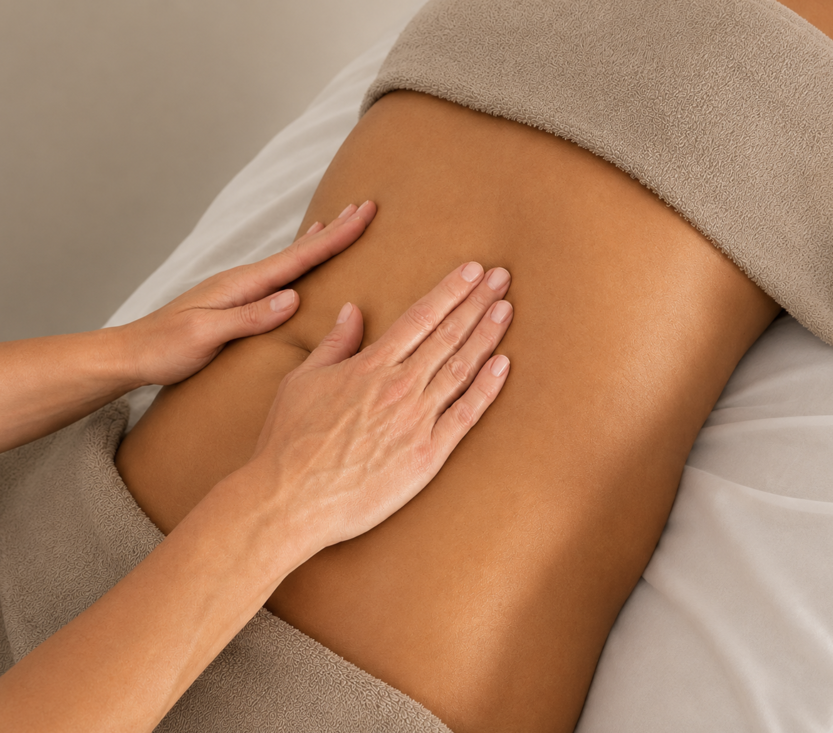 Close-up of a person receiving a lyphatic massage, with beige towels partially covering their body.