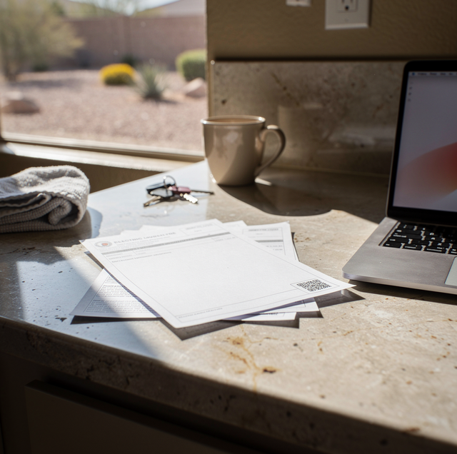 A desk with papers, a laptop, a mug, and glasses near a window overlooking plants and outdoor scenery.