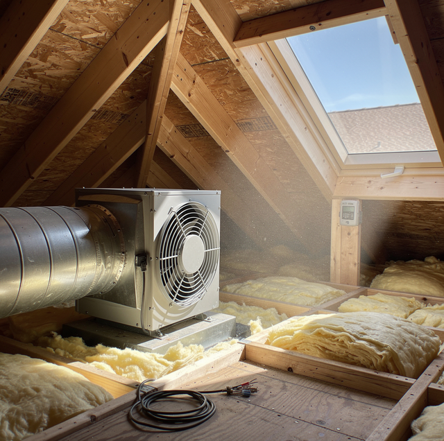 attic fan installed in roof venting hot air