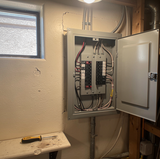 Electrician upgrading commercial tenant space wiring and panels
