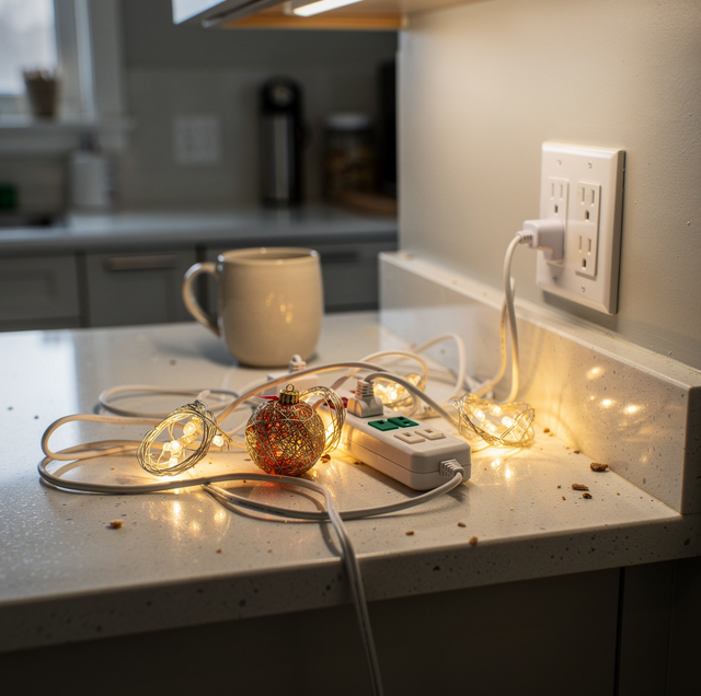 tangled holiday string lights on overloaded extension cord