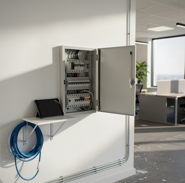 Electrician installing new outlet in commercial tenant space