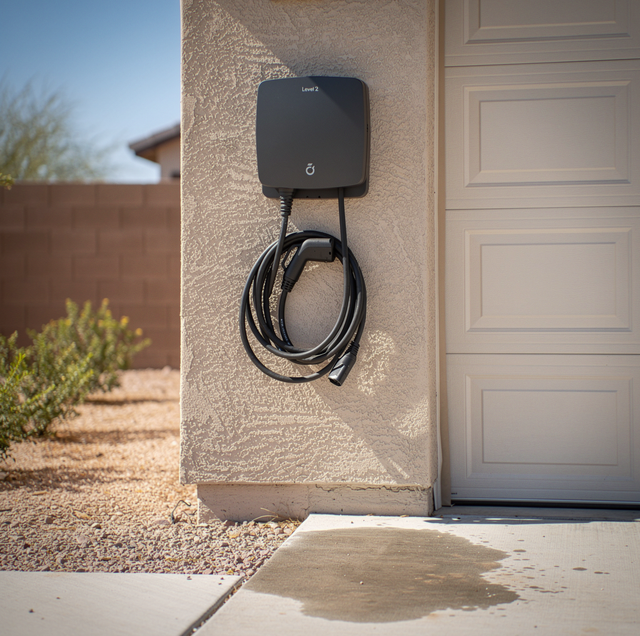 A black electric vehicle charging station mounted on a beige wall next to a white garage door with a coiled cable.