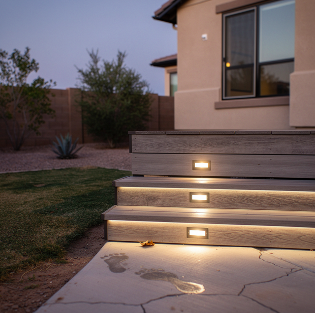 warm deck lighting glowing on wooden stairs at dusk