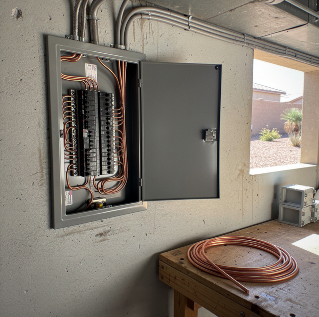 Electrical panel with circuit breakers mounted on concrete wall with copper tubing and coiled copper tubing on wooden table b