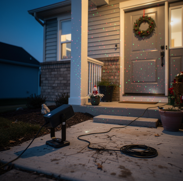 red and green laser lights projected on house exterior