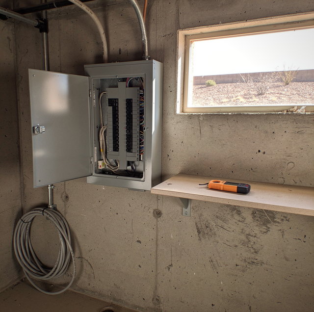 Electrical panel mounted on concrete wall next to window overlooking desert landscape.