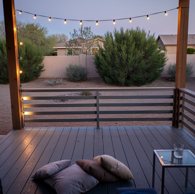 string lights strung across backyard patio at dusk
