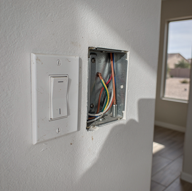 A white light switch and an open electrical outlet box with colored wires mounted on a white wall next to a window.