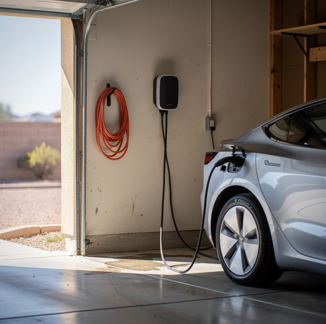 Silver electric vehicle parked in garage next to wall-mounted charging station with coiled red rope and black charging cable.