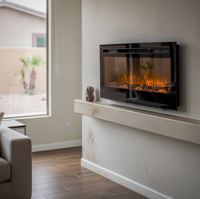 modern electric fireplace glowing in cozy living room
