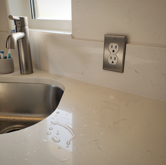 Bathroom sink with faucet and dispenser next to an electrical outlet on a tiled backsplash and countertop with water droplets