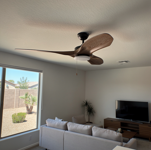 dusty ceiling fan with worn wooden blades