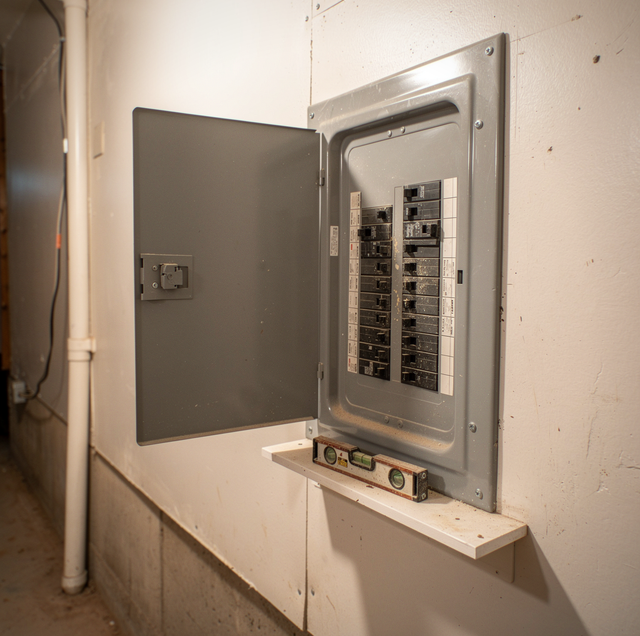 electrician testing residential breaker panel with multimeter