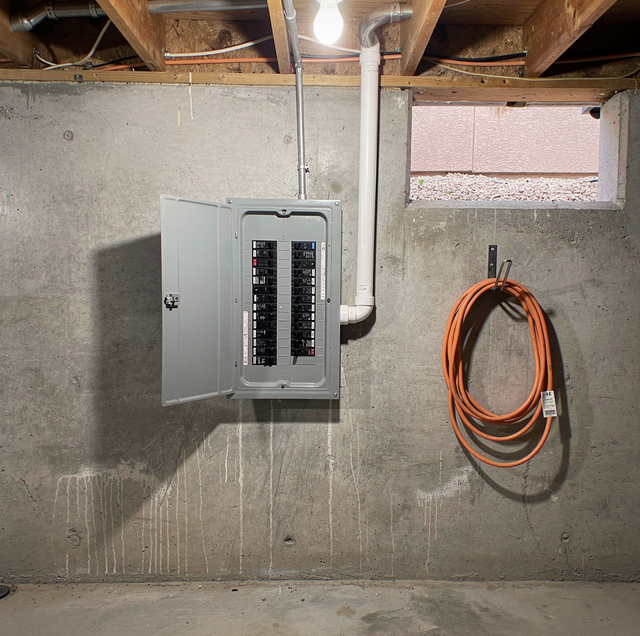 Open residential electrical service panel with labeled circuit breakers