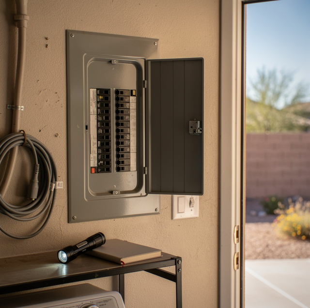 Electrical panel with open black door mounted on tan wall next to shelf with flashlight and coiled cable.