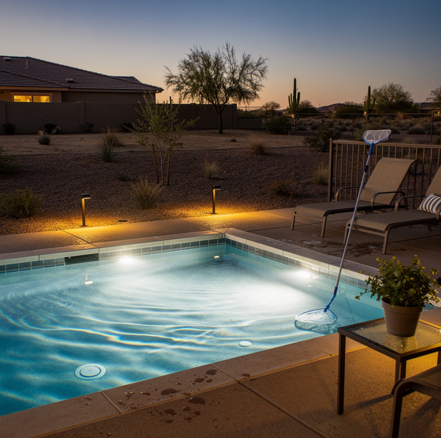 glowing led lights illuminating backyard swimming pool at night