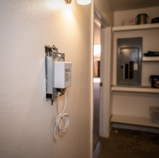 Video doorbell mounted by front door with exposed wiring