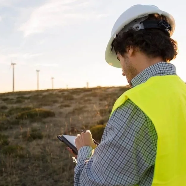 A man wearing a white safety helmet and yellow safety vest using Fluix on a tablet outdoors at sunset with wind turbines in the background.