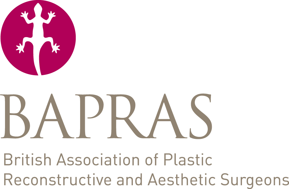 Logo of the British Association of Plastic Reconstructive and Aesthetic Surgeons featuring a stylized gecko silhouette inside a magenta circle with the text 'BAPRAS' and full name below.