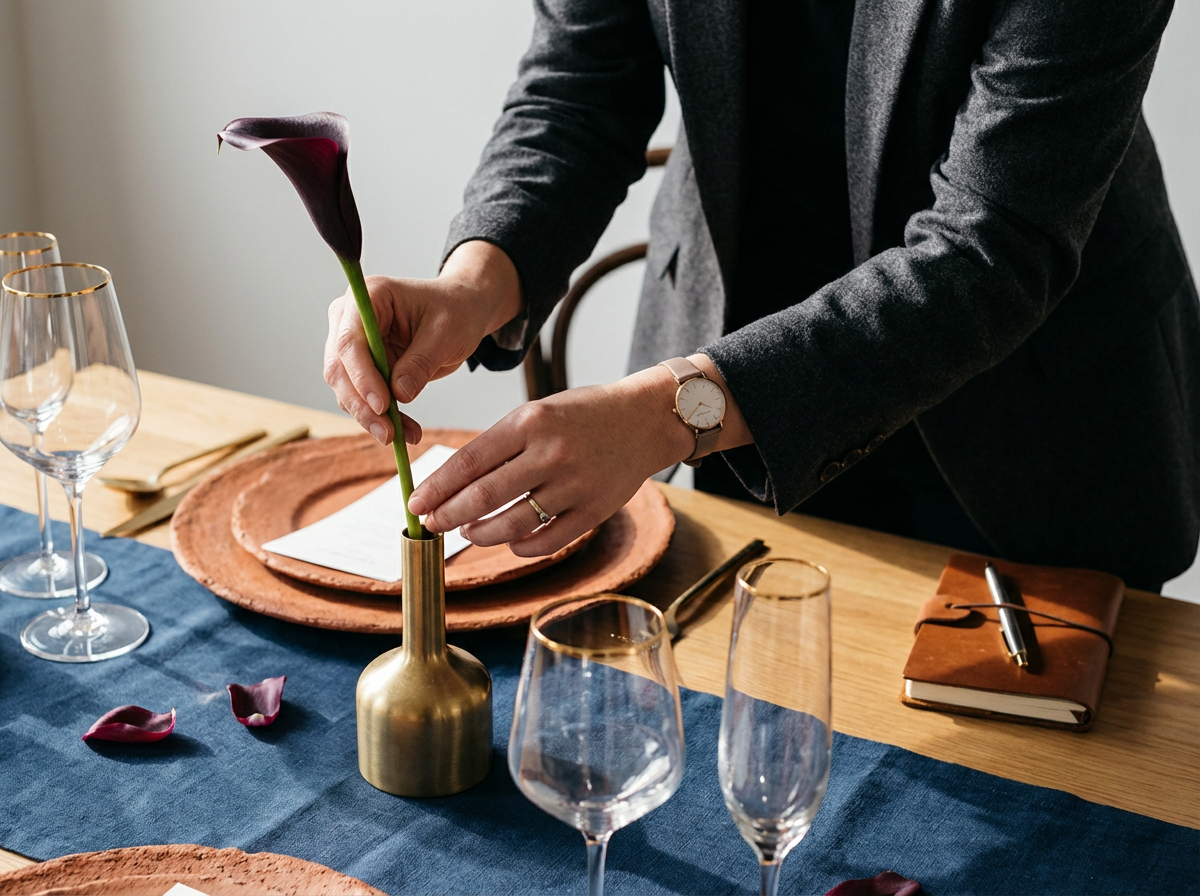 Person arranging a dark calla lily in a gold vase on a wooden dining table with wine glasses, cutlery, a notebook, and scattered rose petals.