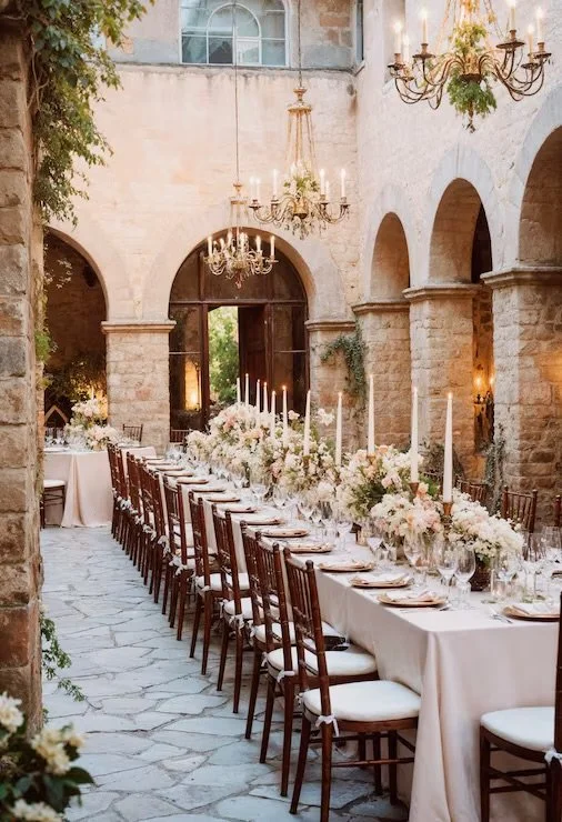 Long dining table set with white tablecloths, floral centerpieces, and candleholders, in a stone courtyard with chandeliers hanging from the ceiling.