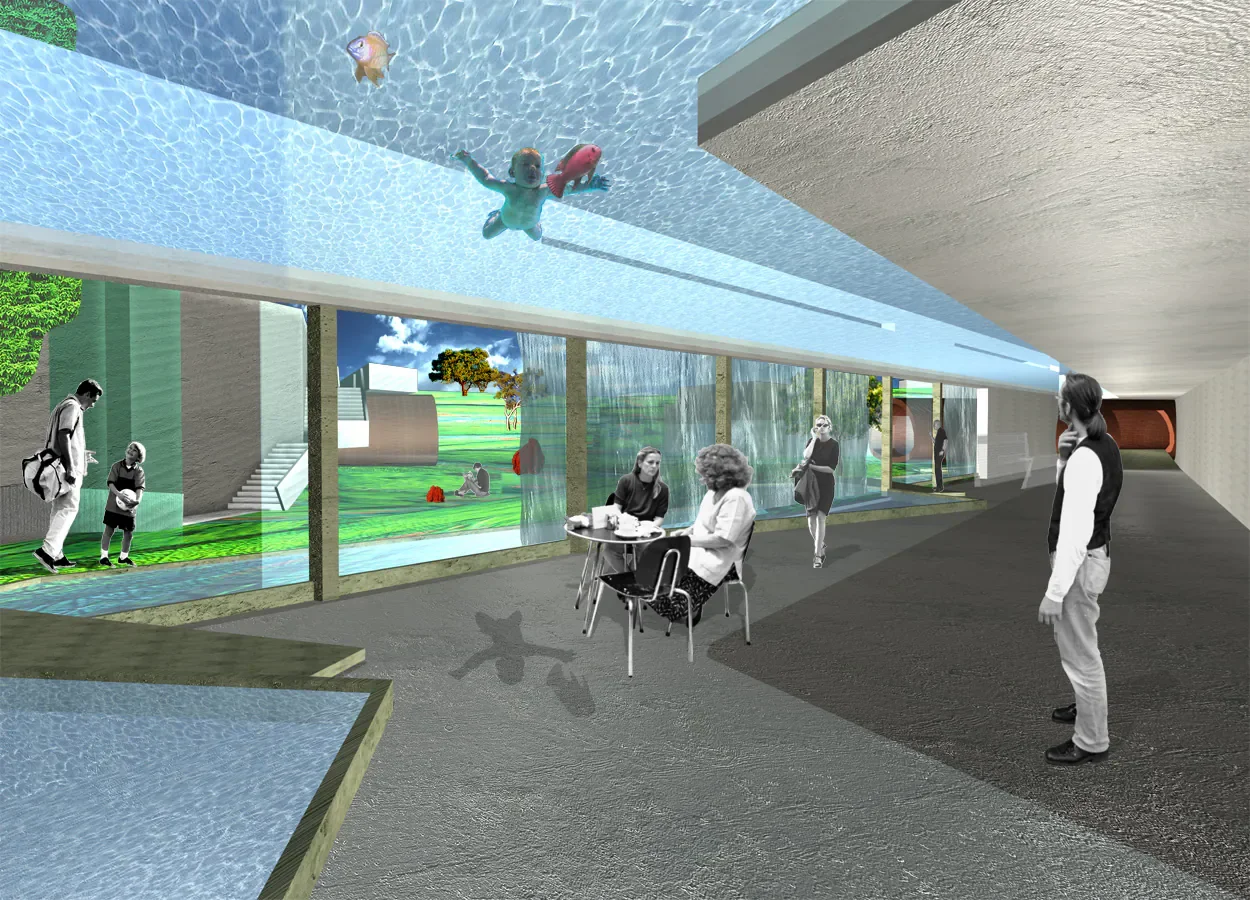 Innenansicht eines futuristischen Gebäudes mit großen Glasfenstern, Menschen im Gespräch und ein Aquarium mit Fischen und Taucher im Wasser.