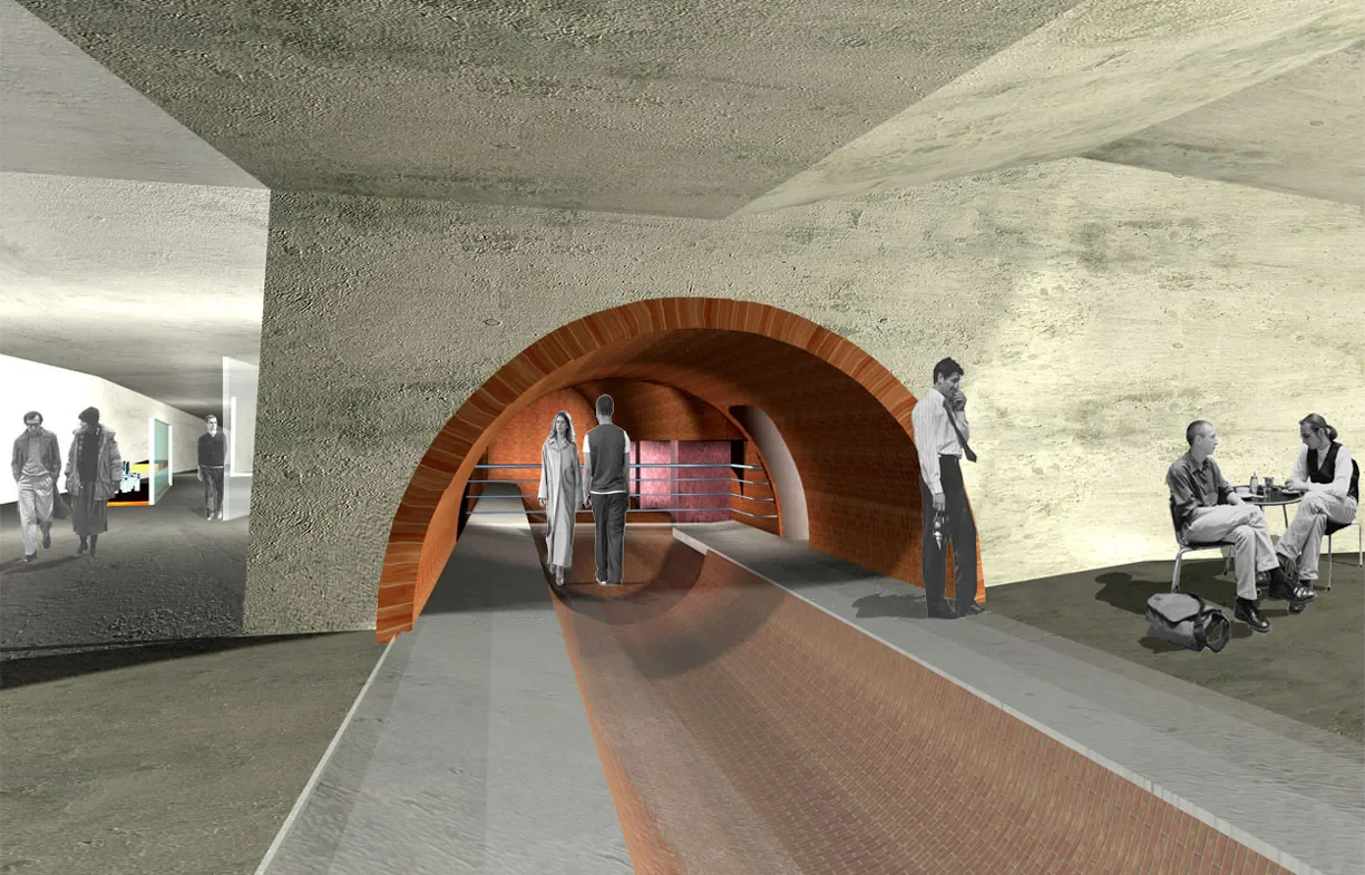 Ein moderner Tunnel mit Passagierbereich, einige Menschen gehen durch den Tunnel, andere sitzen auf Bänken und unterhalten sich, im Hintergrund sind weitere Passagiere sichtbar.