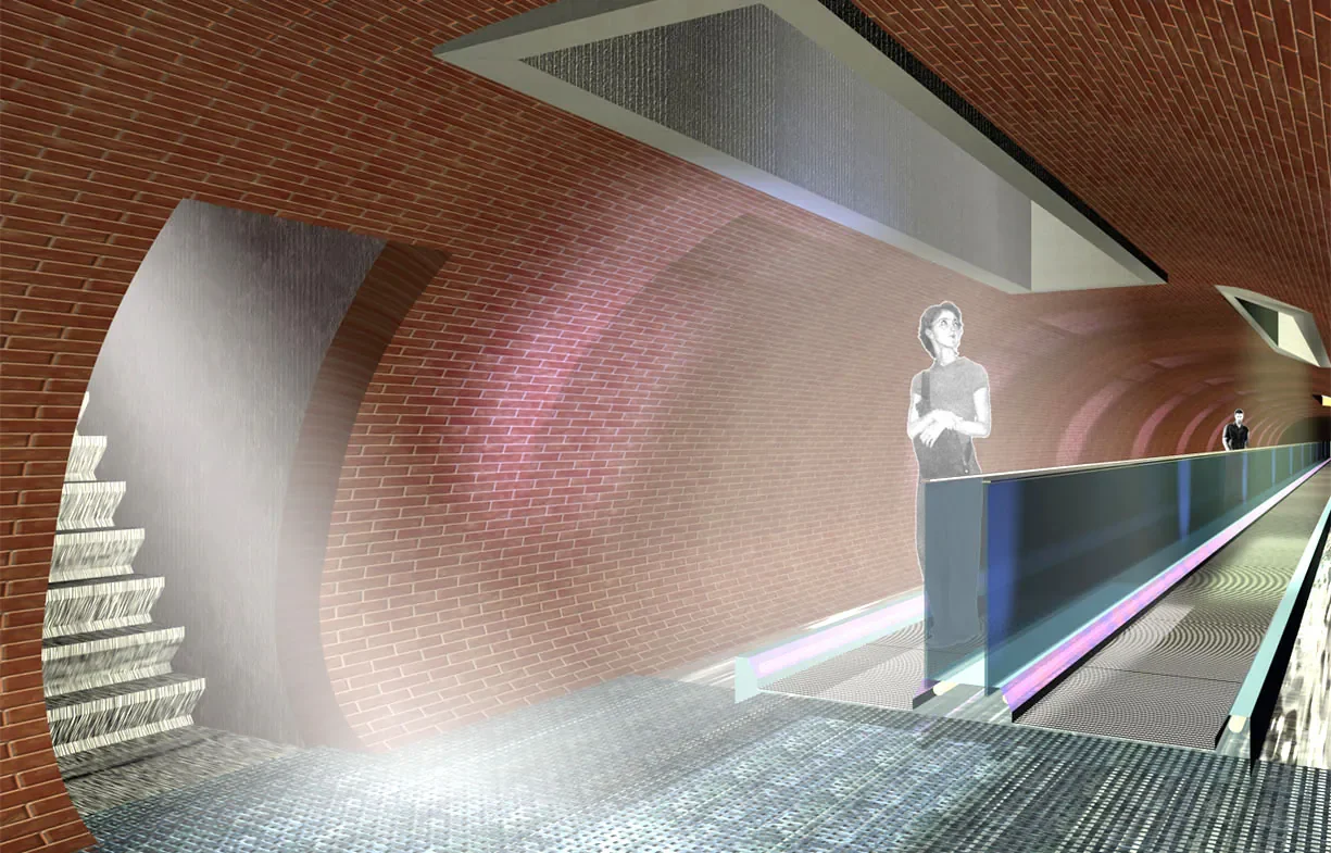 Innenansicht eines modernen, eingrünen Tunnels mit Ziegeldach, Treppen und einem Gehweg mit Glasbrüstung, auf der zwei Damen stehen.