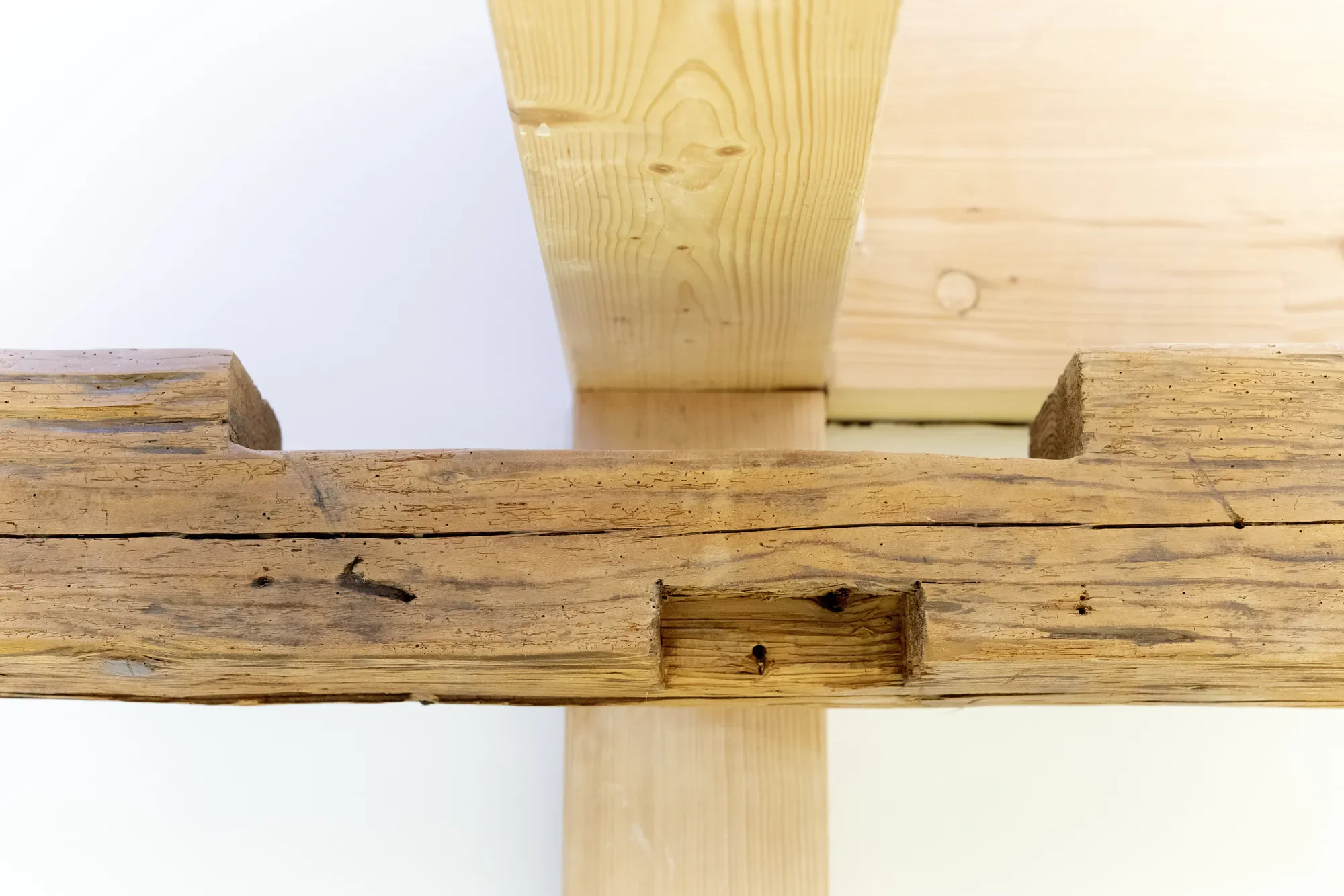 Holzstücke in verschiedenen Größen, einige mit sichtbaren Nägeln und Rissen, auf einer weißen Oberfläche
