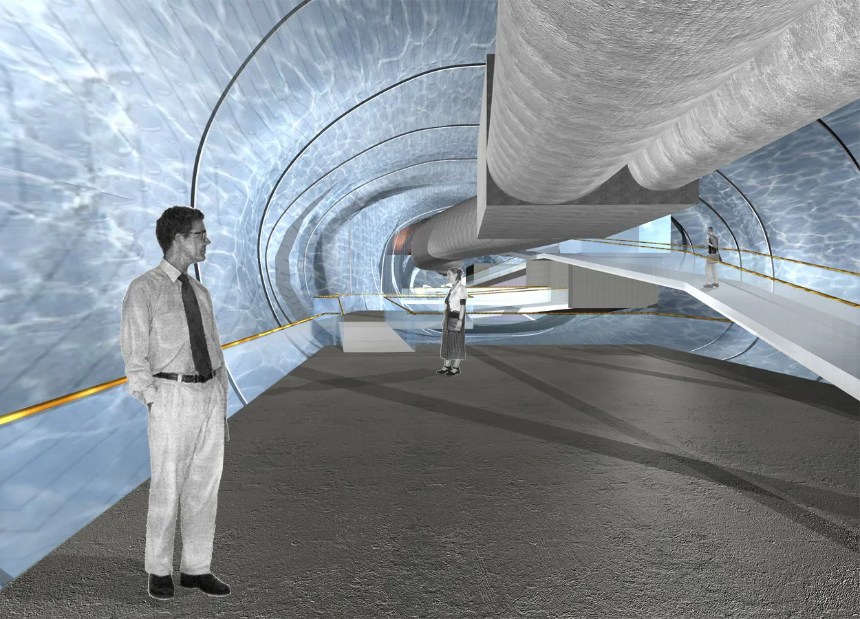 Innenansicht eines futuristischen Tunnels mit Wasserdesign und rotem Rohr, Menschen spazieren auf einer erhöhten Plattform.