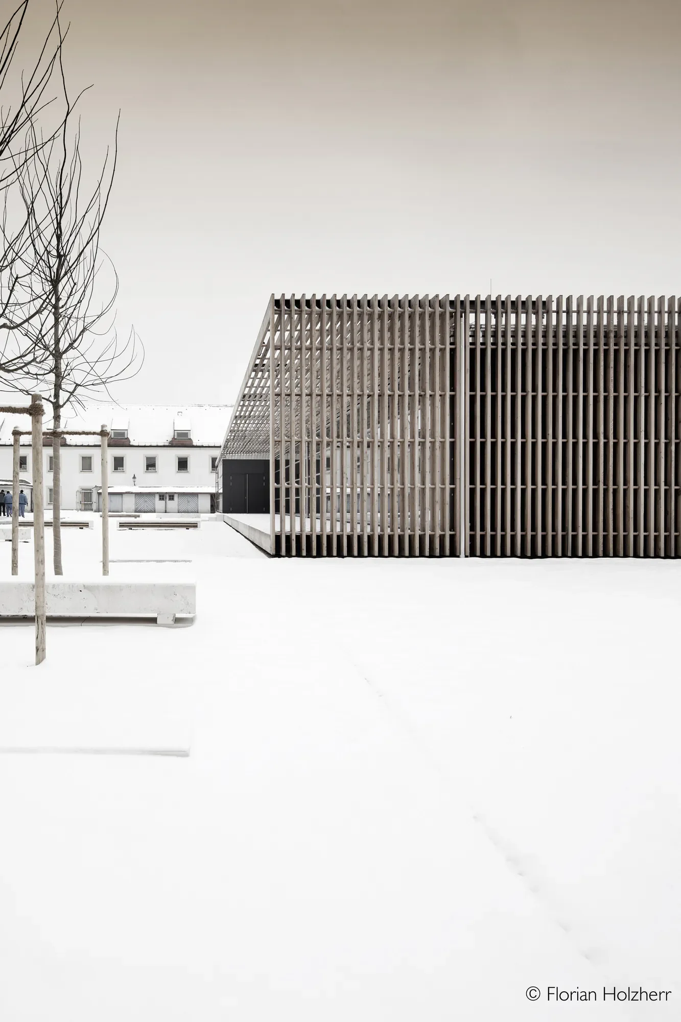 Ein moderner Bau mit Holzlattenverkleidung, umgeben von schneebedecktem Boden, mit einem kahlen Baum im Vordergrund und einer weißen Gebäudesilhouette im Hintergrund bei winterlichem Himmel.
